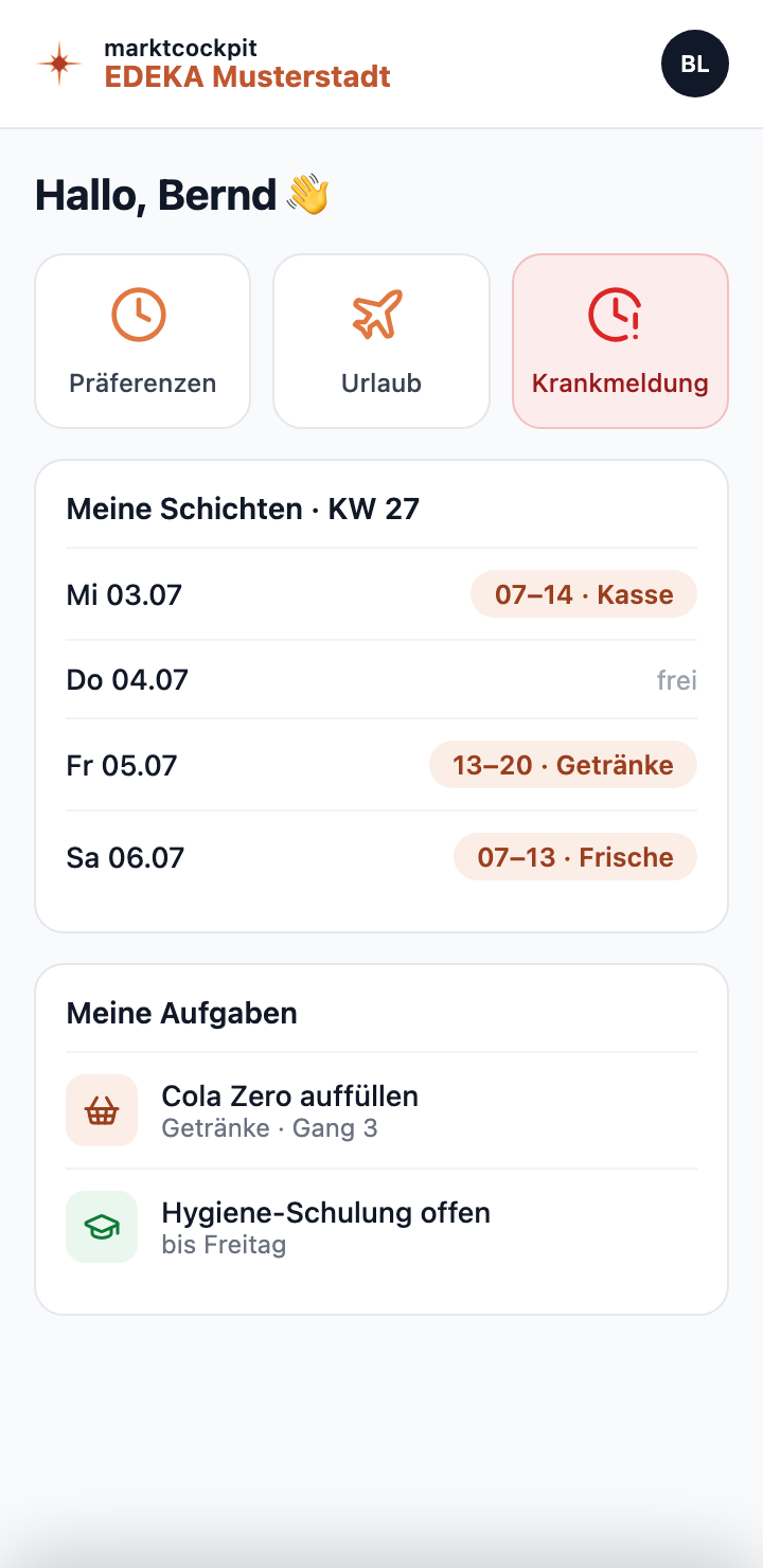 Mitarbeiter-App mit Schichten und Krankmeldung